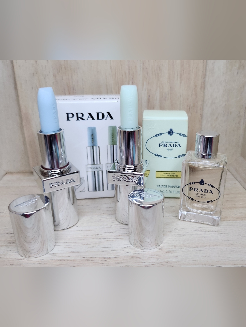PRADA Monochrome Mini Lip Balms & Mini Fragrance Set.
